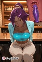 ai_generated alcohol bar_(place) big_breasts bleach bleach:_the_thousand-year_blood_war blue_jacket breasts cleavage cross_section cup dark-skinned_female dark_skin dildo female indoors jacket large_breasts looking_at_viewer mature mature_female midriff milf muscular muscular_female naughtygirlsai navel object_insertion open_clothes open_jacket pants patreon_username ponytail purple_hair sex_toy shihouin_yoruichi sitting smile solo trembling tube_top vaginal_penetration white_pants yellow_eyes