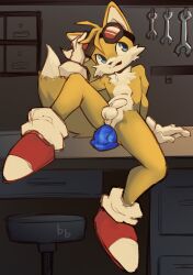 2022 2_tails absurd_res adjusting_goggles anal anal_sex anthro balls bb_xiongmao blep blue_dildo blue_eyes canid canine chest_tuft clothing desk digital_drawing_(artwork) digital_media_(artwork) dildo dildo_in_ass dildo_insertion dipstick_tail eyewear eyewear_on_head filing_cabinet footwear fox furniture genitals gloves goggles goggles_on_head handwear hi_res humanoid_genitalia humanoid_penis male male_penetrated mammal markings multi_tail object_in_ass on_desk orange_body penetration penis perineum presenting presenting_penis sega sex_toy sex_toy_in_ass sex_toy_insertion sitting sitting_on_desk smile smirk socks solo sonic_the_hedgehog_(series) spread_legs spreading stool table tail tail_markings tails tongue tongue_out tools tuft white_body workshop wrench