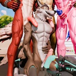 alebrije andy_fangerson anthro black_body black_fur brown_body brown_fur canid canid_demon canine canis cerberus_(fortnite) demon dire_(fortnite) epic_games fortnite freedov3_(edward) fur genitals glowing glowing_genitalia glowing_penis green_body green_fur group hellhound hi_res humanoid lycan_west_(fortnite) male male/male mammal mythological_canine mythological_creature mythology penis pink_body pink_fur red_body red_fur shirtless_male wendell_(fortnite) werecanid werecanine werecreature werewolf white_body white_fur wolf