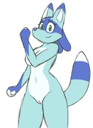 blue_fur blue_nose breasts female fluffy fluffy_tail fur green_eyes light looking_at_viewer lucario maypul_syrup nintendo pokémorph pokemon pokemon_(species) pussy raised_tail smile solo striped_tail stripes video_games