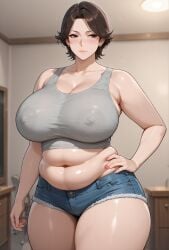 ai_generated anime_style belly belly_button belly_fat black_hair brunette_hair casual_clothes chubby chubby_female cleavage denim_shorts female grok hand_on_hip housewife indoor_background indoors large_breasts light_skinned_female looking_away midriff milf mom_bod mombod mommy nipple_bulge nipples_visible_through_clothing one_hand_on_hip rgomez007 room room_background self_upload short_hair solo_female stable_diffusion standing tank_top thick_outline thick_thighs voluptuous warm_lighting