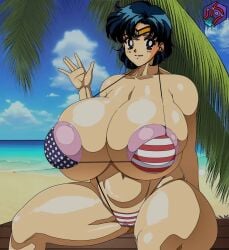 1girls amazon_(taitaitaira) american_flag_bikini ami_mizuno areola areolae beach big_breasts bikini bishoujo_senshi_sailor_moon blue_eyes blue_hair boobs breasts dark_blue_eyes dark_blue_hair detailed_background edit edited female female_only huge_breasts light-skinned_female light_skin looking_at_viewer nhaamaless photoshoot pink_areola pink_areolae pussy_bulge sailor_mercury solo tagme thick_thighs thighs watermark waving waving_at_viewer