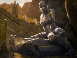 1girls 3d 3d_(artwork) armor blender_(software) clothed clothing doonography female female_focus giantess helldivers helldivers_2 helmet kneeling masked render sitting skin_tight taller_female tank vehicle watermark