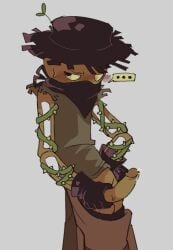 ... 1boy bandana blush doors_(roblox) gloves greedyghoul groundskeeper_(doors) hat obscured_mouth overalls_down penis precum presenting presenting_penis roblox roblox_game solo straw_hat sweatdrop tagme thorns