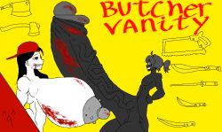 1boy 1girls black_hair blood blood_in_mouth blood_on_face blood_stain breasts_bigger_than_head butcher_vanity_(synthesizer_v) drooling gray_nipples hyper hyper_breasts hyper_penis more_at_source sketch slaughterilust smile smiling tagme varix_(edit) vimalion_pro white_skin yellow_background yi_xi_(synthesizer_v)