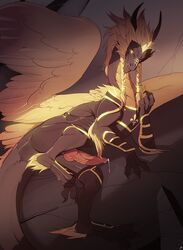 2017 anthro cum dragon erection feathered_wings feathers fiereaux_(jake-dragon) fur furred_dragon looking_at_viewer male male_only patto paws penis solo wings