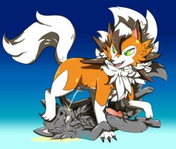 1boy 1girls 2018 animal_genitalia canine claws cum digital_media_(artwork) duo dusk_lycanroc erection fangs female feral fur furry green_eyes grey_fur grey_wolf hi_res interspecies lycanroc male mammal nintendo open_mouth orange_fur original_character paws peeing penis pokémon pokemon_usm precum pussy raveneevee simple_background smile tail teeth testicles toe_claws urine video_games watersports white_fur wolf