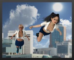 3d 3d_(artwork) 3d_comic absurd_res alternate_outfit beautiful_girls black_hair_female blonde_hair_female city cityscape cleavage collarbone different_outfits emotionless expressionless fall_of_the_super_sisters flying gyaru highres large_breasts large_tits leg_lift miniskirt parody plaid_miniskirt plaid_skirt pleated_miniskirt pleated_skirt red_lipstick ropeman1 short_skirt sisters skirt source_request super_sisters_(ropeman1) superheroines textless unbothered white_bra wholesome