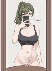 big_breasts cat_drawing curvy_female do_you_want_to_pet_my_cat_(meme) drawing_on_body female_torso green_hair melowh mirror pussy_on_table side_ponytail slim_waist sousou_no_frieren taking_picture trend ubel_(sousou_no_frieren) wide_hips
