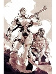 2d balak bewitching_thighs big_breasts big_cock cleavage dungeons_and_dragons full_body gun muscular scar sunglasses