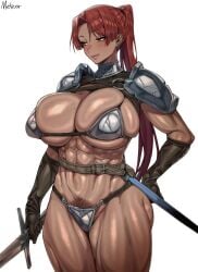 abs absurd_res armor armored_female artist_name bikini_armor breasts cleavage dark-skinned_female dark_skin elbow_gloves female_pubic_hair gloves green_eyes half-closed_eyes high_ponytail highres huge_breasts large_breasts light_blush long_hair mature mature_female mole mole_on_thigh mole_under_eye muscular muscular_female muscular_thighs original orrrca1701 pubic_hair pubic_hair_peek red_hair sheath shoulder_armor simple_background strap sword unconvincing_armor weapon