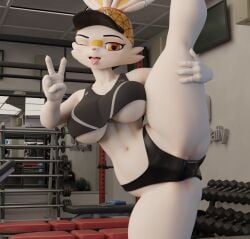 3d 3d_(artwork) 3d_render anthro blender blender_(software) blender_cycles bunni_(valorlynz) female female_focus female_only furry gym_clothes hivar peace_sign pokemon pokemon_(species) rabbit scorbunny scorbunny_(valorlynz) solo splits standing_split thick_thighs underboob valorlynz_(modeler) wide_hips winking_at_viewer
