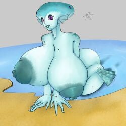 absurd_res anthro aquatic beach big_breasts blue_body blue_skin breasts female full-length_portrait glistening glistening_body glistening_skin hi_res huge_breasts hyper hyper_breasts looking_at_viewer monster_girl_(genre) nintendo ocarina_of_time portrait princess_ruto purple_eyes sand sitting sketch smile solo teal_body teal_skin the_legend_of_zelda thick_thighs water wide_hips yaginoko zora