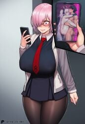 1-a_dot ai_generated angry black_dress blush chaldea_(fate) cheating_boyfriend cuckquean cum_inside fate/grand_order fate_(series) fujimaru_ritsuka_(male) gradient_skin green_eyes horns huge_breasts lifting lilith_(fate) looking_at_phone mash_kyrielight multiple_views necktie ntr nude pantyhose pink_hair pointy_ears pov purple_eyes reverse_netorare sex short_dress toned_male trembling white_hair white_jacket