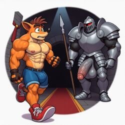 2boys ai_generated anthro balls bandicoot bara bulge crash_(series) crash_bandicoot furry gay gaymuscleai half-erect hallway knight lights_out male male_only marsupial muscular nipples out_of_frame penis penis_out penis_through_fly self_upload shorts tight_clothing veiny_penis video_games yaoi