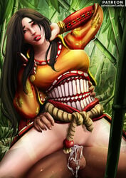 1boy 1girls 2018 amaterasu amaterasu_(smite) bamboo black_hair bottomless brown_eyes cum cum_in_pussy dark-skinned_male deity female goddess hand_on_thigh hand_on_waist long_hair luminyu minion_(smite) obi patreon penis pussy pussy_juice red_lipstick reverse_cowgirl_position smiling smite testicles vaginal_penetration