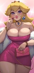 1girls big_breasts blonde-haired_female blonde_female blonde_hair busty cleavage curves curvy female female_only huge_breasts large_breasts light-skinned_female light_skin lips lipstick mario_(series) nintendo overflowing_breasts plump_lips princess princess_peach revealing_clothes rizdraws strapless_dress thick thick_thighs thighs tight_clothing tight_dress
