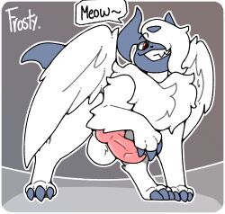 3_toes absol alex_(ah095) animal_genitalia animal_penis bedroom_eyes big_penis canine_genitalia canine_penis chest_fur claws fangs feet feral fluffy frostyvee_01 fur generation_3_pokemon generation_6_pokemon genitals hi_res looking_at_viewer male mega_absol mega_evolution narrowed_eyes nintendo penis pokemon pokemon_(species) raised_leg seductive simple_background solo speech_bubble teeth toes white_body white_fur wings