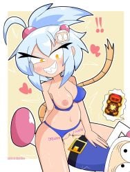 1boy 1girls bluejellyjelly2 blush bombergirl bomberman bomberman_(series) bomberman_(species) cowgirl_position determined konami light_skin looking_at_partner sex shiro_(bombergirl) size_difference smile surprised sweat vaginal_penetration vaginal_sex