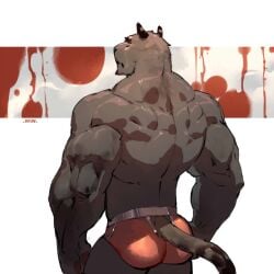 1boy animal_ears ass back back_focus bara boxers briefs clothing_cutout cowboy_shot facial_hair feet_out_of_frame from_behind furry furry_male grey_fur horns jockstrap looking_at_viewer looking_back male_focus male_underwear mature_male muscular muscular_male original panther_boy panther_ears panther_tail red_male_underwear solo tail thick_eyebrows thick_thighs thighs topless_male underwear underwear_only wincalblanke
