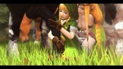 2girls 3d animal_genitalia areolae big_breasts boots breasts clothing erection female footwear gloves handwear horse horsecock huge_cock hyrule_warriors kreamu large_breasts linkle male nipples penis princess_zelda source_filmmaker the_legend_of_zelda zelda_(hyrule_warriors) zoophilia