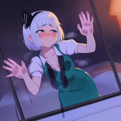 2026 ai_generated artist_name black_hairband crazyfishbones_experimental female hairband konpaku_youmu konpaku_youmu_(ghost) shirt short_hair short_sleeves solo touhou