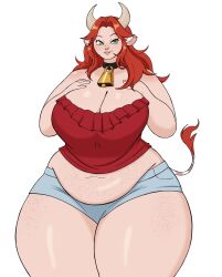 1girls 2020s 2026 2026s belly belly_overhang big_breasts breasts cleavage comission cow_girl cow_horns cow_tail cowbell_collar digital_drawing_(artwork) digital_media_(artwork) fair-skinned_female fair-skinned_female_body fair_skin fair_skinned_female female female_focus female_only freckles freckles_on_thighs green_eyes humanoid jpeg long_hair no_background oc original original_character red_hair redheaded_female shorts simple_background slightly_chubby slightly_chubby_female smile smiling solo solo_female solo_focus stronkbonk thick_thighs thighs_bigger_than_head thunder_thighs thunderthighs voluptuous voluptuous_body voluptuous_female white_background wide_hips wide_thighs