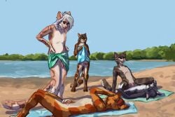 absurd_res anal anal_penetration anthro balls beach cowgirl_position digital_media_(artwork) domestic_cat ear_piercing ear_ring erection eyes_closed feet felid feline felis flaccid from_front_position fur genitals group hair hi_res looking_pleasured lying male male/male male_penetrated male_penetrating male_penetrating_male mammal masturbation nude on_back on_bottom on_top open_mouth outdoor_nudity outside outside_sex penetration penile penile_masturbation penile_penetration penis piercing ring_piercing sand seaside sex sex_on_the_beach smile spread_legs spreading standing tail tazal tazal_(character) toes towel towel_around_waist towel_only voyeur water whiskers