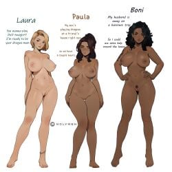 2023 2d 3girls adult adult_female adults anklet arm_tattoo arms_at_sides arms_behind_back artist_name ass barefoot big_breasts black-haired_female black_hair black_pubic_hair blonde_female blonde_hair blue_eyes blush boni_(holymeh) breasts breasts_apart brown-haired_female brown_eyes brown_hair brown_lips brown_skin character_name cheating_(relationship) cheating_female cheating_wife chocolate_and_vanilla cleft_of_venus closed_mouth come_hither completely_nude completely_nude_female contrapposto curly_hair curvaceous curvaceous_body curvaceous_female curvaceous_figure curvaceous_hips curvaceous_thighs curvy curvy_body curvy_female curvy_figure curvy_hips curvy_thighs dark-skinned_female dark_nipples dark_skin dialogue ear_piercing earrings english_commentary english_text female female_only female_pubic_hair fingernails full_body grey_eyes groin hairless_pussy hands_on_own_waist hands_on_waist highres holymeh hoop_earrings human human_female infidelity inviting inviting_to_sex jewelry knees_together_feet_apart large_breasts laura_(holymeh) legs_apart light-skinned_female light_skin light_smile lips long-haired_female long_hair looking_at_viewer mature_female medium_hair milf mole mole_on_breast mother multiple_females multiple_girls navel nipples no_sex nude nude_female oc original original_character patreon_logo paula_(holymeh) piercing pubic_hair pussy realistic_breast_size realistic_proportions shaved_pussy short-haired_female short_hair simple_background sparse_pubic_hair standing stomach straight_hair take_your_pick tattoo teacher text thigh_gap thighs toenails toes trio venus_body voluptuous voluptuous_female wavy_hair white_background