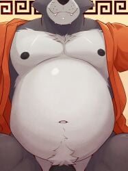 adastra adastra_(series) amicus_(adastra) anthro belly big_belly black_nose canid canine canis chin_piercing clothed clothing echo_project fur genitals grey_body grey_fur hi_res male mammal navel nipples open_clothing open_robe overweight penis robe smile solo ventkazemaru wolf
