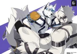 2boys abs animal_ears annoyed bara bicep_strap character_name chest_harness collar colored_tips commission commissioner_insert commissioner_name copyright_logo copyright_name dated english_commentary english_text erection foreskin furry furry_male harness highres leash logo looking_at_another male_focus multicolored_hair multiple_boys muscular muscular_male onejojo original pectorals penis prosthesis prosthetic_leg saliva saliva_trail smile tail tail_belt von_lycaon wolf_boy wolf_ears wolf_tail zenless_zone_zero