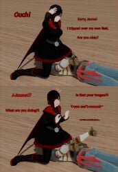 1boys 1girls 3d 3d_(artwork) 4k blender blender_(software) blush blushing_female boner boner_in_pants bulge chaoslord implied_oral jaune_arc male/female multiple_images ruby_rose rwby sitting_on_face tagme text thumbs_up viz_media