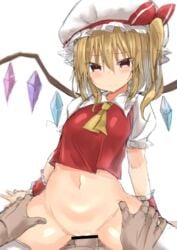 1boy :> ascot bar_censor blonde_hair bottomless bow censored female flandre_scarlet golgi_hon hat hat_bow highres long_hair mob_cap navel penis pov pov_eye_contact puffy_short_sleeves puffy_sleeves red_bow red_eyes sex short_sleeves simple_background smile solo_focus straight thighhighs touhou vaginal_penetration vest white_background white_hat white_legwear wings wrist_cuffs yellow_neckwear