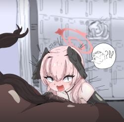 2025 after_rimming armwear beast_rimming black_armwear black_head_wings blue_archive blush halo head_wings horse interrupted koharu_(blue_archive) leash nose_bubble pink_eyes pink_hair yanagi_man zoophilia