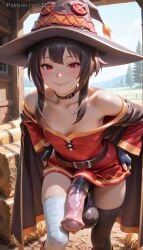 1futa 2026 ai_generated animal_genitalia animal_penis balls bare_thighs barn belt brown_hair cape choker cock day dyzertai fingerless_gloves futa_only futanari gloves hat horse_penis horsecock horsecock_futa horsecock_on_humanoid huge_balls huge_cock huge_testicles indoors kono_subarashii_sekai_ni_shukufuku_wo! konosuba looking_at_viewer megumin penis petite petite_body petite_breasts petite_female red_dress red_eyes self_upload small_breasts solo straw testicles thighhighs witch_hat