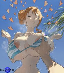 1boy 1girls ai_generated big_breasts bikini busty closed_eyes deep_skin female grabbing_another's_breast hair_bun heart huge_breasts male nami_(one_piece) one_piece orange_hair outdoors pov pov_hands pov_male priestofart shiny solo solo_female trembling upper_body watermark