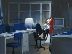 00s 2006 animated anime_screenshot bible_black bible_black_only blush breasts chair clitoral_stimulation closed_eyes clothes_lift covered_erect_nipples earrings female female_masturbation garter_straps grabbing_own_breast groping growing_breasts high_heels jewelry legs_apart lingerie lipstick masturbation masturbation_through_clothes mature_female office office_chair open_mouth orgasm panties pen pussy_juice red_hair red_skirt saliva school skirt skirt_around_belly skirt_lift solo sweat swivel_chair tagme takashiro_hiroko teacher thighhighs underwear