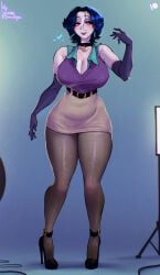 1girl 1girls 2025 belly belly_bulge big_breasts birthmark_on_breasts black_hair choker cleavage earrings female female_only gloves herlyn_(mrhernan) huge_breasts looking_away mrhernandrawings oc original_character short_hair simple_background skirt smile smiling