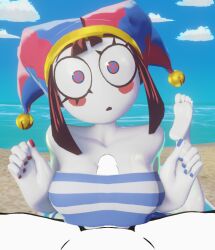 1boy 1girls 3d 3d_(artwork) barefoot beach bikini breasts confused confused_expression confused_look dorfloor3 eye_contact feet feet_up female jester jester_girl jester_hat looking_at_partner male medium_breasts open_mouth penis penis_between_breasts pomni_(the_amazing_digital_circus) sand the_amazing_digital_circus titjob water white_body white_skin