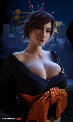 3d 3d_(artwork) 3d_model 3d_render areola_slip breasts brown_hair bursting_breasts cleavage cleavage_overflow hd high_quality high_resolution highres japanese japanese_female kazama_asuka large_areolae looking_at_viewer makeup namco shaddoll_x short_hair tekken tekken_8 titties traditional_clothes