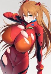 artist_request asuka_langley_sohryu big_breasts big_nipples blue_eyes breast_squeeze breasts breasts_bigger_than_head clothing curvy curvy_body curvy_female curvy_figure damaged damaged_clothing digital_drawing_(artwork) digital_media_(artwork) evangelion female female_focus female_only huge_breasts huge_nipples looking_at_viewer neon_genesis_evangelion nipples smile smiling smiling_at_viewer solo solo_female squeezing