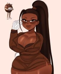 1girls anthropomorphic arm_under_breasts brown_body brown_eyes brown_hair brown_skin cinnabus cleavage glasses gloves long_hair looking_at_viewer m&m's mars_incorporated ms._brown ponytail revealing_clothes tagme white_gloves