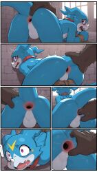 ai_generated blue_body blue_skin digimon dinosaur gaping_anus minotaur penetration raped_by_monster stomach_bulge veemon