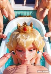 1girls 6+boys :>= ai_generated artist_name bathtub blonde_hair blowjob blue_eyes breasts bukkake completely_nude crown cum cum_in_mouth cum_on_hair earrings ejaculation erection facial fellatio female from_above group_sex hi_res jewelry long_hair looking_at_viewer lustboxai male_pubic_hair mario_(series) mixed-sex_bathing multiple_boys navel nintendo nude oral partially_submerged penis pov princess_peach pubic_hair shared_bathing solo_focus straight super_mario_bros. surrounded_by_penises testicles tiles uncensored veins water window