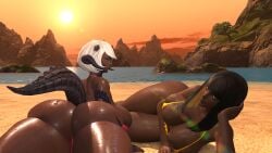 2girls 3d amicea ass ass_bigger_than_head au_ra beach beach_background bikini bikini_bottom bikini_top black_hair breasts_bigger_than_head dark-skinned_female dark_skin final_fantasy final_fantasy_xiv gpose_(ffxiv) hips hips_wider_than_shoulders horn huge_ass huge_breasts hyur midlander pov pov_eye_contact red_eyes scales self_upload squish squished_breasts sunset tail thick_thighs thighs tight_clothing wet wet_skin white_hair xaela yellow_eyes