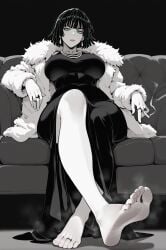 ai_generated cigarette couch dress expressionless feet femdom foot_fetish foot_focus fubuki_(one-punch_man) fur_coat green_eyes huge_breasts mayyreel one-punch_man sitting toes
