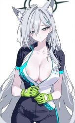 ahoge animal_ear_fluff animal_ears areola_slip bike_jersey black_halo blue_archive blue_eyes blush breasts cleavage clothes_writing collarbone cosplay cross cross_hair_ornament cycling_uniform dark_halo extra_ears female gloves green_gloves grey_hair hair_between_eyes hair_ornament halo highres inverted_cross large_breasts light_areolae long_hair marisasu_(marisa0904) mismatched_pupils no_bra official_alternate_costume partially_unzipped self_cosplay shiroko_(blue_archive) shiroko_(blue_archive)_(cosplay) shiroko_(cycling)_(blue_archive) shiroko_terror_(blue_archive) short_sleeves simple_background solo sweatdrop thigh_gap white_background wolf_ears wolf_girl zipper