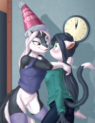 2018 anthro black_hair black_nose blue_eyes blush brian_mcpherson clock clothed clothing duo english_text eye_contact feline feline female green_eyes hair hat holidays legwear long_hair mammal new_year nova_(hijinxfantasy) party_hat pussy skunk smile text vicki_(brian_mcpherson) white_hair