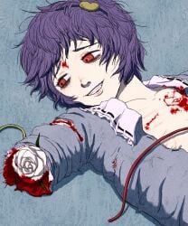 1girl amputee bleeding blood blue_background blue_shirt carved_skin commentary_request cuts flower furrowed_brow grin guro hair_ornament hairband half-closed_eyes heart heart_hair_ornament injury komeiji_satori looking_to_the_side lying on_back open_clothes open_mouth open_shirt purple_hair red_eyes rose shirt short_hair sideways_glance smile solo torn_clothes touhou upper_body zo_tuite