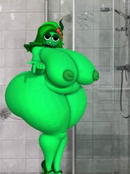 3d big_ass big_breasts chubby_female green_hair green_skin inviting_to_shower naughty_face rojo84 rojo_parasito seductive_smile sprunki vineria_(sprunki)
